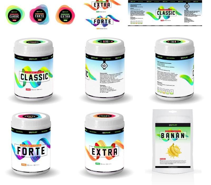Návrh etiket a designu produktů Go Power - sportovní výživa.