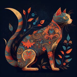 Příklad lidového umění Midjourney obrázek kočky z folklorního umění