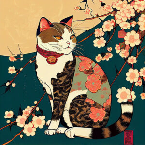 Ukiyo-e Příklad Midjourney obrázek kočky Ukiyo-e