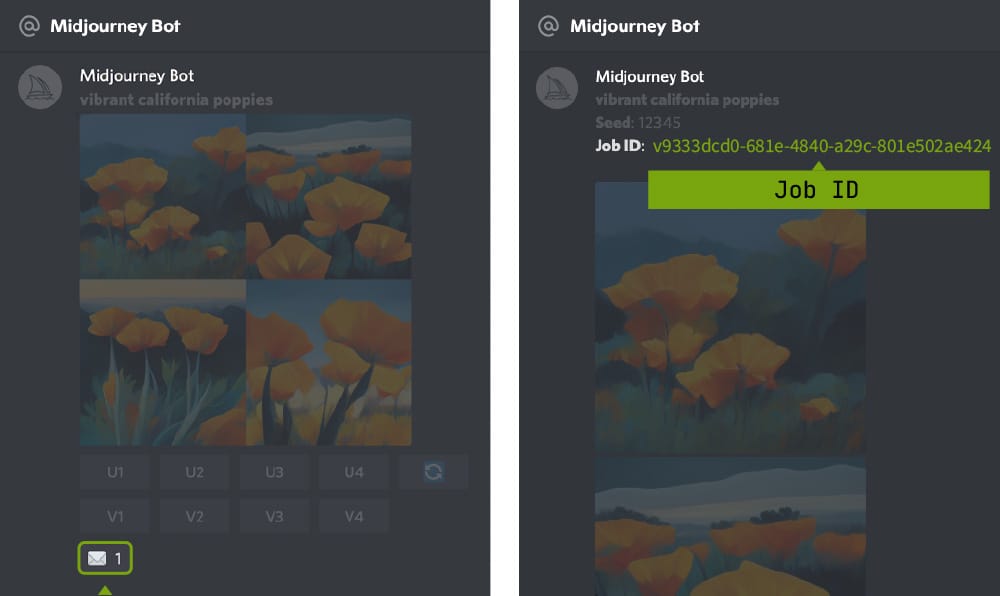MJ_EnvelopeResults Obrázek ukazuje, jak použít reakci s obálkou Emoji Discord k odeslání ID úlohy do přímých zpráv.