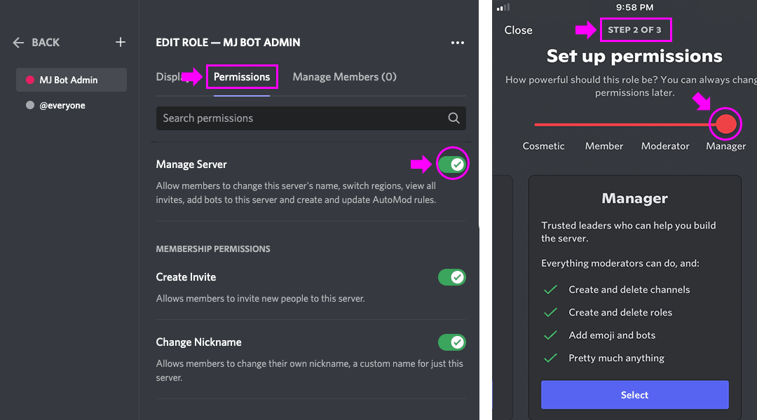 MJ_ManageServerPermissions Omezení bota na určité kanály Midjourney Discord