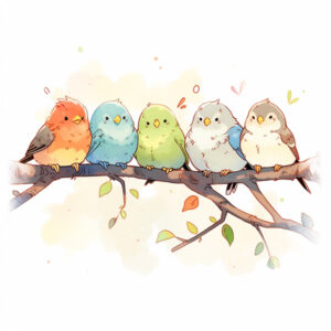 Midjourney Version v5 --niji5 - Ukázka obrázku ptáků sedících na větvi.