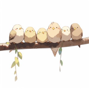 Midjourney Version v5 --niji5 -- style original - Ukázka obrázku ptáků sedících na větvi.