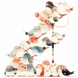 Midjourney Version v5 --niji5 -- style cute - Ukázka obrázku ptáků sedících na větvi.