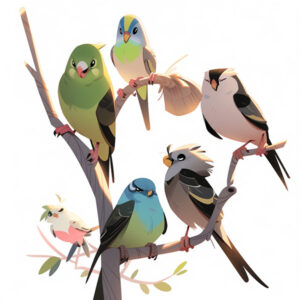Midjourney Version v5 --niji5 -- style expresive - Ukázka obrázku ptáků sedících na větvi.