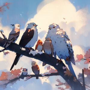 Midjourney Version v5 --niji5 -- style scenic - Ukázka obrázku ptáků sedících na větvi.