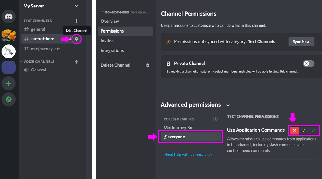 MJ_RestrictChannel Omezení bota na určité kanály Midjourney Discord