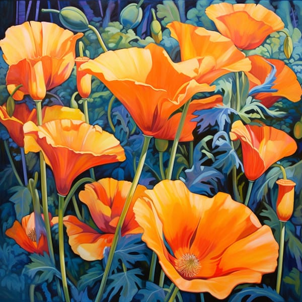 MJ_V51_VibrantPoppies Midjourney Verze 5.1 ukázkový obrázek výzvy živé kalifornské máky