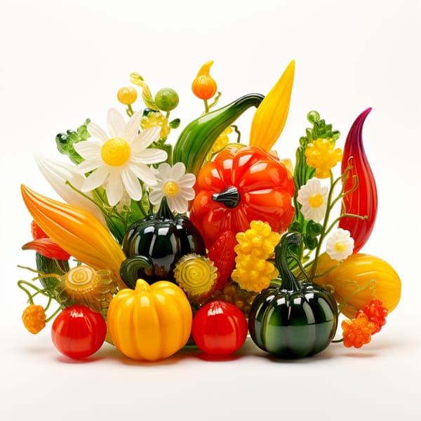 MJ_V52_VariationOriginal_GlassVegetables Příklad obrázku Midjourney vytvořeného na základě výzvy murrine glass vegetables