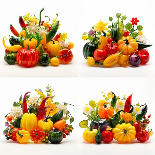 MJ_V52_VariationStrong_GlassVegetables Příklad obrázku Midjourney vytvořeného v režimu Subtle Variation a s výzvou murrine glass vegetablesy