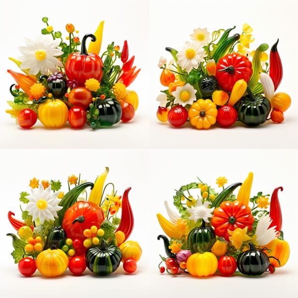 MJ_V52_VariationSubtle_GlassVegetables Příklad obrázku Midjourney vytvořeného v režimu Strong Variation Mode a výzvy murrine glass vegetables.