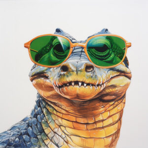 Obrázek aligátora v zelených slunečních brýlích vytvořený pomocí editoru Midjourney InPaint a podnětu zelené sluneční brýle.