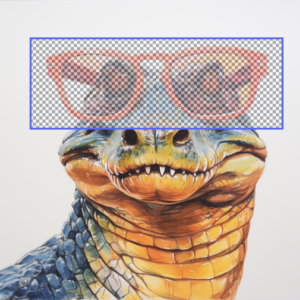 Obrázek aligátora ve slunečních brýlích překrytý výběrem editoru Midjourney Inpaint