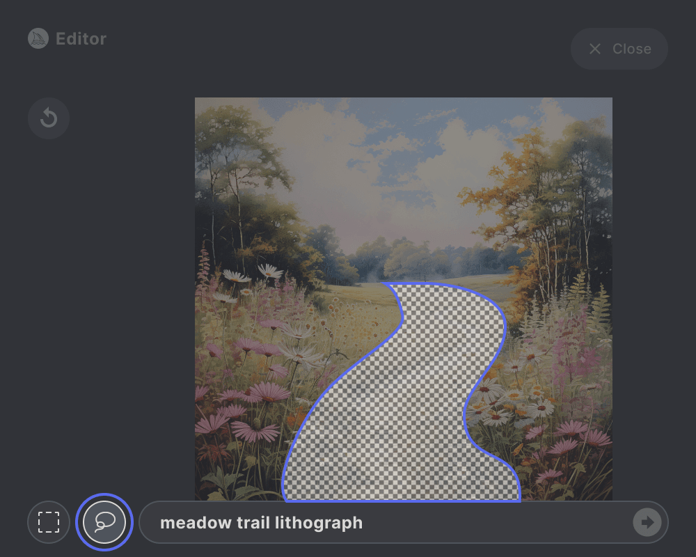 MJ_InPaint_Editor Uživatelské rozhraní Midjourney InPaint Editor zobrazující aktivní výběr provedený pomocí nástroje pro výběr od ruky
