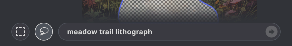 MJ_InPaint_NewPrompt Animovaný GIF zobrazující výzvu "litografie lučního potoka" zadanou v aplikaci Midjourney