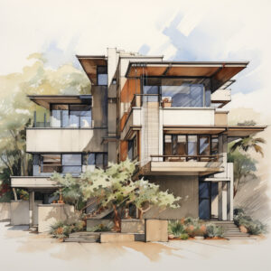 Obrázek větve domu vygenerovaný v aplikaci Midjourney pomocí podnětného architektonického výkresu domu.