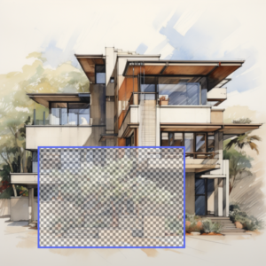 Obrázek architektonického nákresu domu překrytý výběrem regionu Midjourney Vary