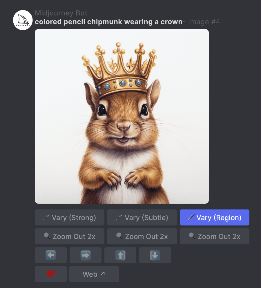 MJ_VaryRegion_Upscale Zvětšený obrázek vygenerovaný robotem Midjourney Bot pomocí příkazu "barevná tužka veverka v korunce" tlačítko Vary Region je zvýrazněno modře.