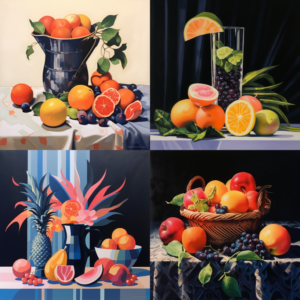 obrázek kvašového zátiší namalovaný Midjourney na základě výzvy Still life grouach painting dont add fruit (nepřidávejte ovoce)