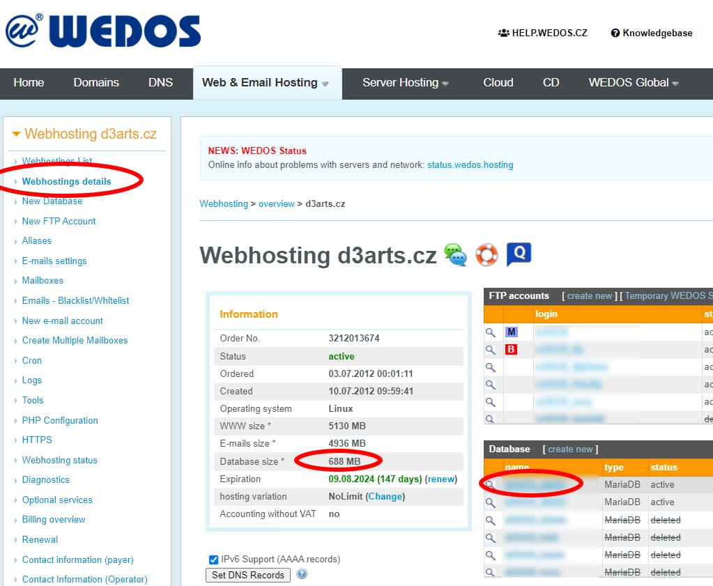 0_stahnutiDatabazeWedos Wedos detail webhostingu - SQL Databáze