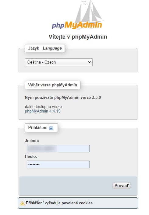 2_stahnutiDatabazeWedos_phpMyAdmin Wedos pma - phpMyAdmin přihlášení - SQL Databáze