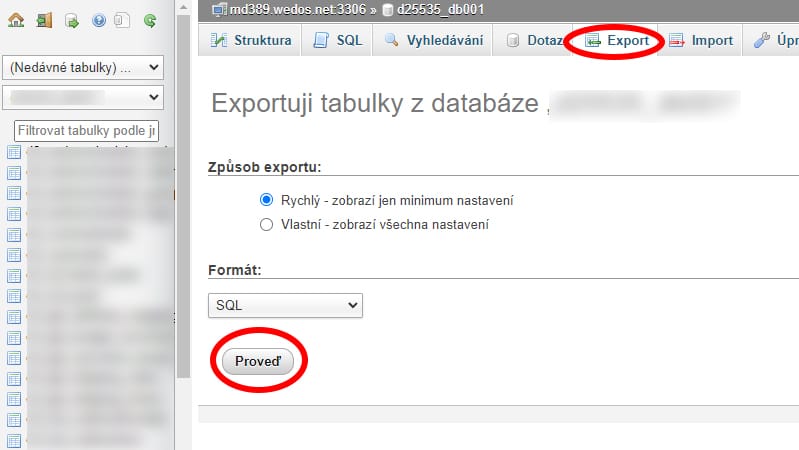 2_stahnutiDatabazeWedos_phpMyAdmin_2 phpMyAdmin export databáze