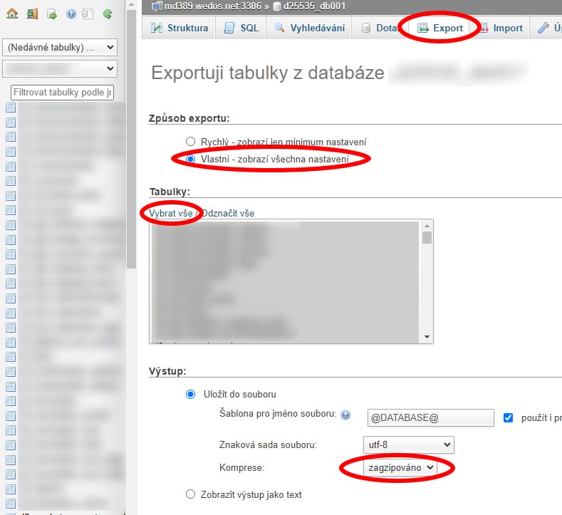 2_stahnutiDatabazeWedos_phpMyAdmin_3 Export SQL databáze jako zagzipovaný soubor