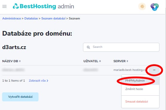 BH5_bestHosting_Databáze BestHosting.cz - SQL databáze - otevřít databázi v phpMyAdmin