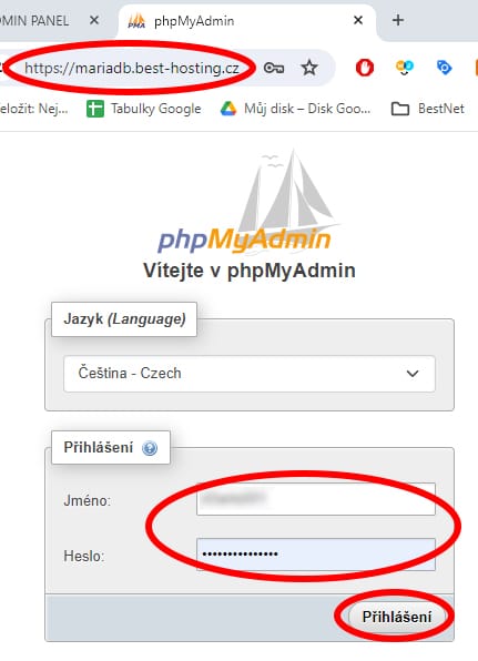 BH6_bestHosting_Databáze BestHosting.cza - phpMyAdmin přihlášení - SQL Databáze