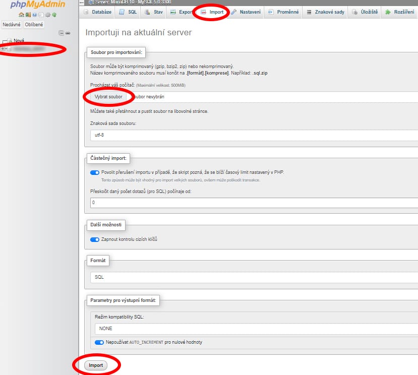 BH7_bestHosting_Databáze phpMyAdmin import databáze