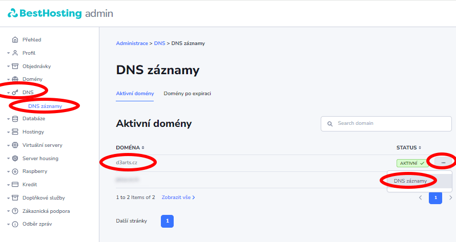 dnsZaznamyDomenyBestHosting DNS záznam doměny - Administrace BestHosting