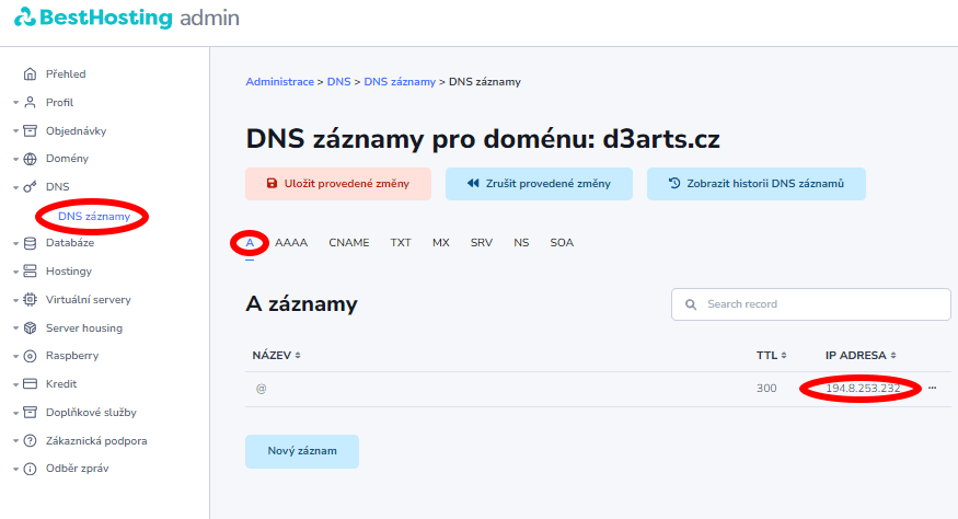 dnsZaznamyDomenyBestHosting_2 DNS záznam domény IP verze 4 - Administrace BestHosting