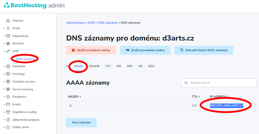 dnsZaznamyDomenyBestHosting_3 DNS záznam domény IP verze 6 - Administrace BestHosting