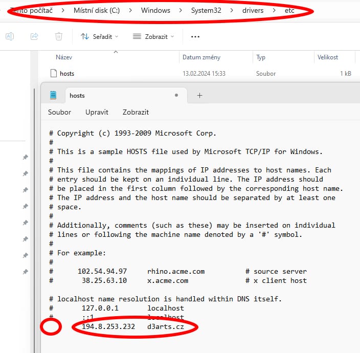 hostsPrepisDomeny Přepis souboru hosts (Windows) ip adresy serveru domény