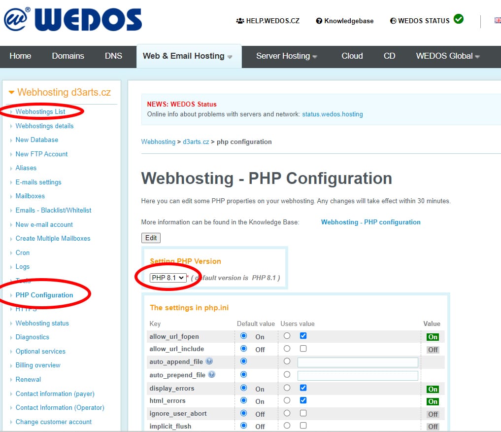 nastaveniPHPwedos Detail nastavení PHP Wedos