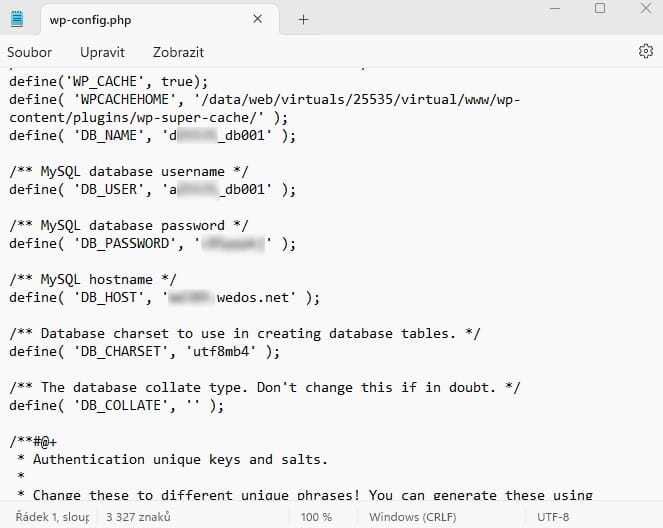 wpconfig-php Wordpress wp-config.php přihlašovací údaje k SQL databázi