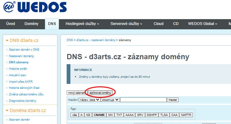 aplikovat_zmeny_DNS_zaznamu Aplikovat změny DNS zaznamu domény v administraci Wedos.