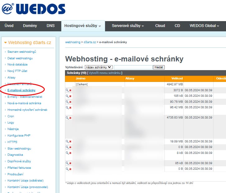 seznam_emailu Kotrola emailových schránek Wedos - administrace