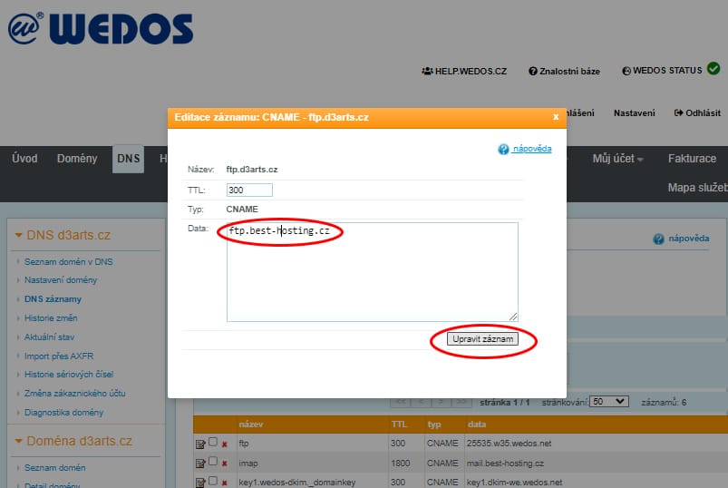 zmena_ftp_DNS_zaznamu_wedos Změna DNS záznamu CNAME pro web FTP v administraci Wedos
