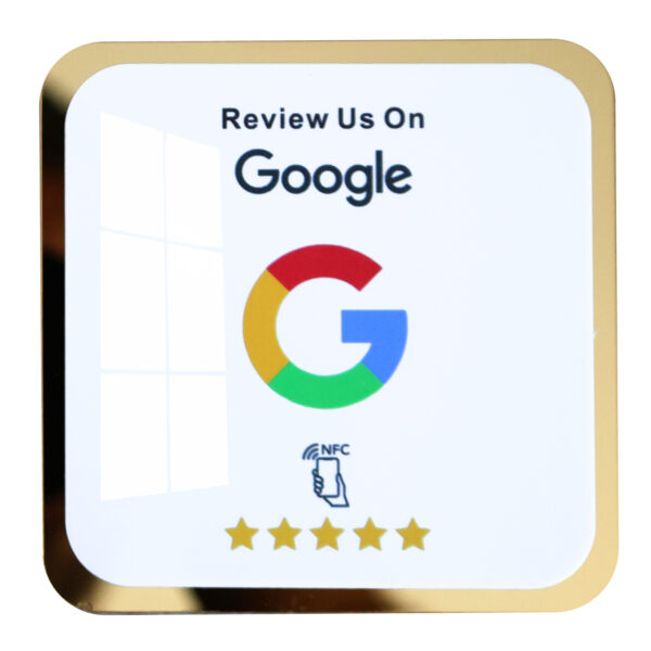 NFC hodnocenka pro bezklontaktní získání recenze Google. Hranatá se samolepicí vrstvou.