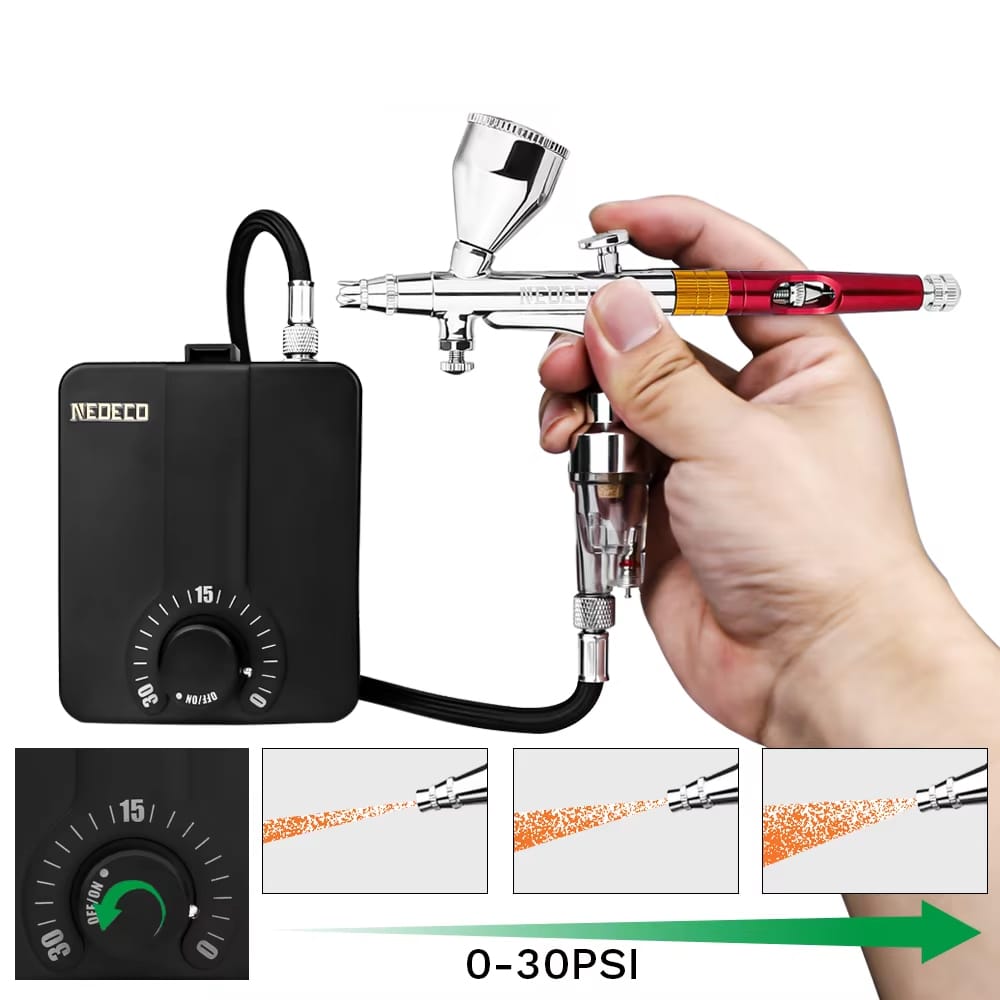 Dvojčinný airbrush s kompresorem 30psi Auto Stop pistole s kompresorem a příslušenstvím Nedeco