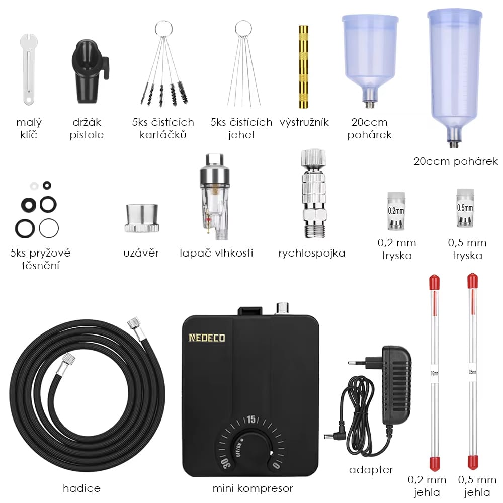 Dvojčinný airbrush s kompresorem 30psi Auto Stop pistole s kompresorem a příslušenstvím Nedeco