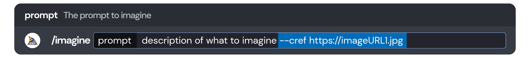 cref-prompt-diagram Image of the Discord message send box showing an example /imagine command using --cref style references: '/imagine prompt description of what to imagine --cref https://imageURL1.jpg'