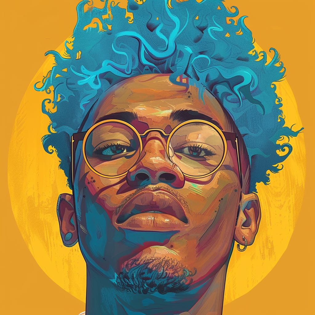 reference-image ilustrace muže s modrými vlasy, brýlemi a žlutou mikinou s kapucí na žlutém pozadí, vytvořená nástrojem Midjourney
