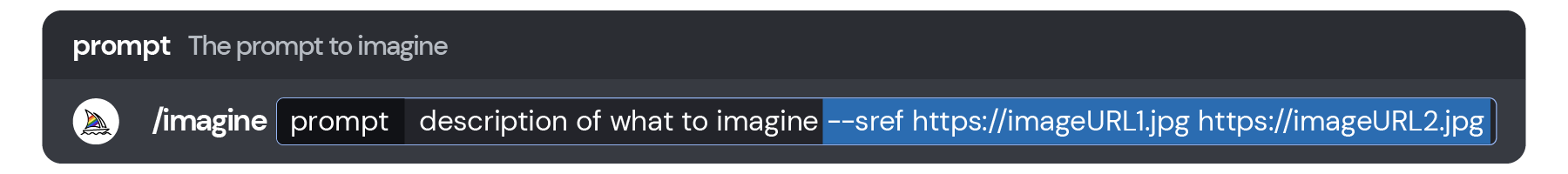 sref-prompt-diagram Obrázek okna pro odeslání zprávy Discord zobrazující příklad příkazu /imagine s použitím odkazů ve stylu --sref: `/imagine prompt popis toho, co si představit --sref https://imageURL1.jpg https://imageURL2.jpg`