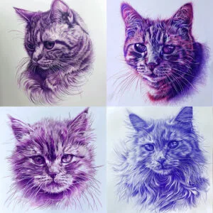 mřížka čtyř obrázků koček generovaných programem Midjourney s textem prompt a cat a parametrem --sref s --sv 1