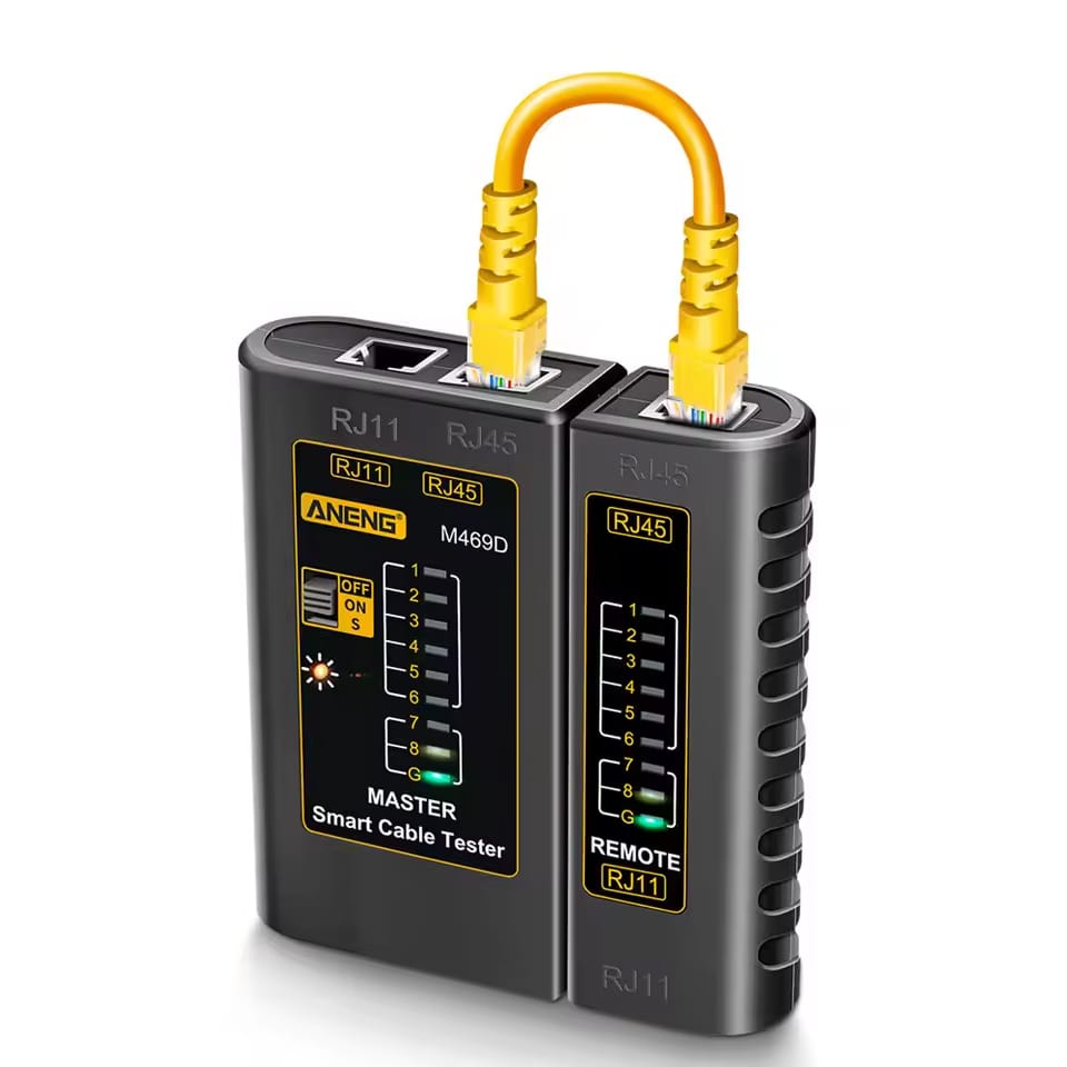 Levný tester síťových a telefonních kabelů RJ45 a RJ11.