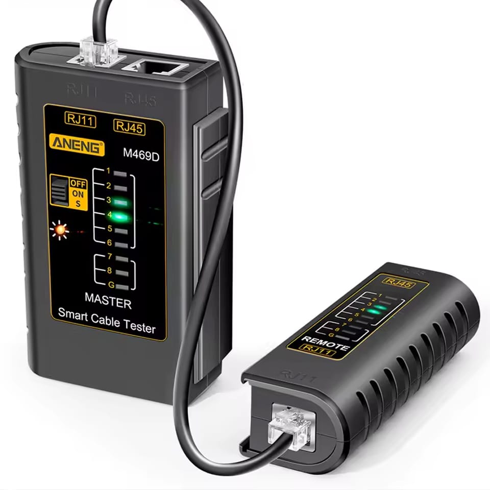 Levný tester síťových a telefonních kabelů RJ45 a RJ11.