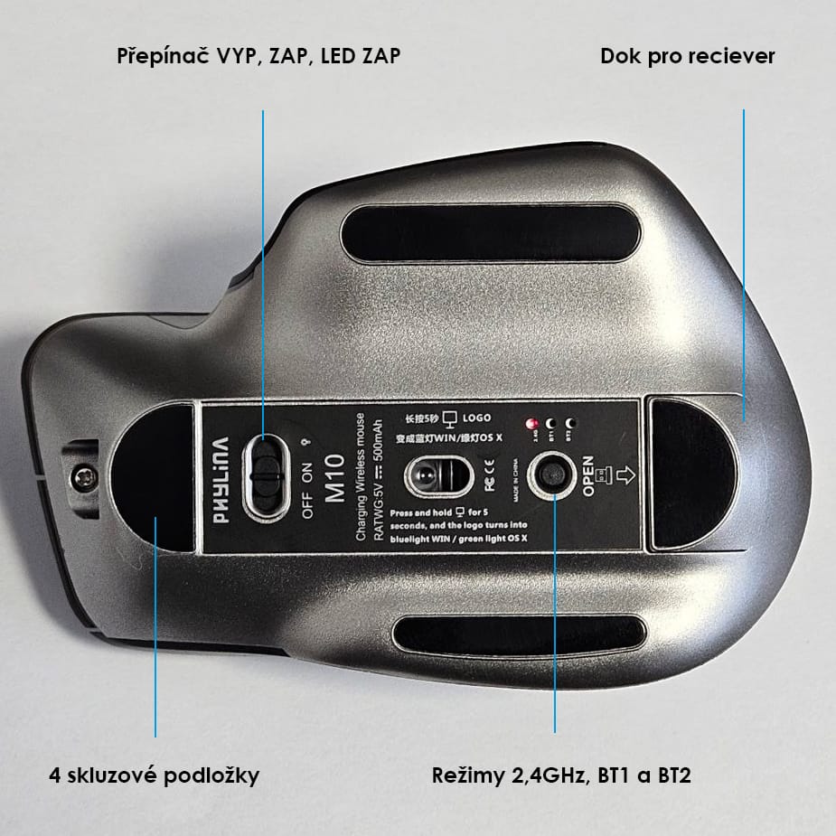 Kvalitní a levná ergonomická bezdrátová herní myš s LED osvětlením, 9 tlačítky, Bluetooth modem, recieverm - M10. Pro gamining i běžnou práci.