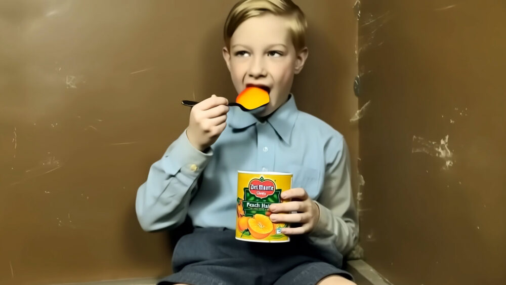 Andy Warhol young eating Del Mointe Peaches